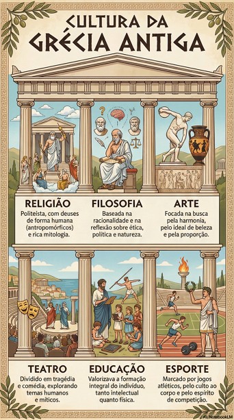 Infogr&aacute;fico com as caracter&iacute;sticas da Cultura na Gr&eacute;cia Antiga