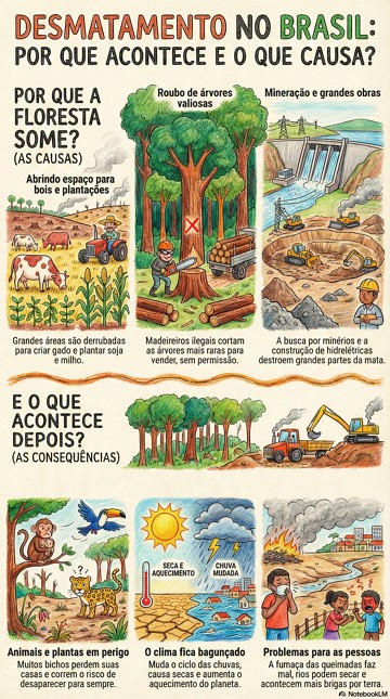 Infogr&aacute;fico sobre as Causas e consequ&ecirc;ncias do desmatamento