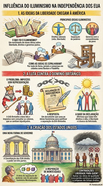 Infogr&aacute;fico com resumo sobre a Influ&ecirc;ncia do Iluminismo na Independ&ecirc;ncia dos Estados Unidos