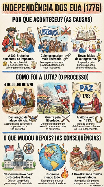 Infogr&aacute;fico com s&iacute;ntese da Independ&ecirc;ncia dos EUA