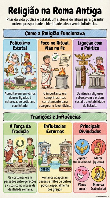 Infogr&aacute;fico com as principais caracter&iacute;sticas da religi&atilde;o da Roma Antiga