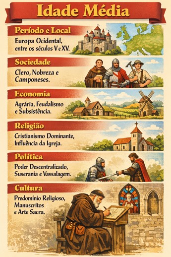 Infogr&aacute;fico com as caracter&iacute;sticas resumidas da Idade M&eacute;dia