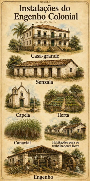 Ilustra&ccedil;&atilde;o mostrando as principais instala&ccedil;&otilde;es dos engenhos de a&ccedil;&uacute;car no Brasil Colonial