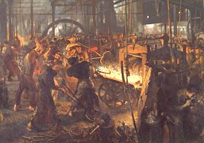 Pintura mostrando o interior de uma fábrica na época da Revolução Industrial