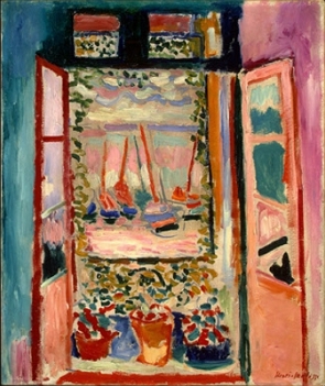 Pintura colorida mostrando uma janela aberta