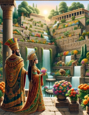 Ilustração mostrando os jardins suspensos da babilônia com Nabucodonosor e sua esposa.