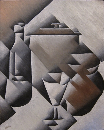 Jarra, garrafa e copo, obra do cubismo anal&iacute;tico