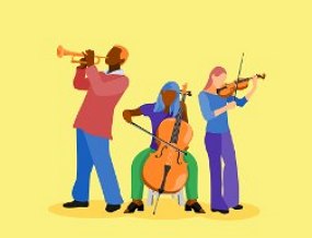 Figura desenhada de três musicos sendo um tocando violino, outro um baixo e outro um trompete