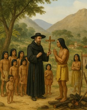 Imagem de um padre Jesu&iacute;ta catequizando um ind&iacute;gena.