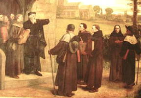 Pintura mostrando John Wycliffe dando traduções da Bíblia aos padres pobres