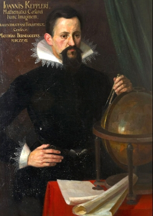 Retrato pintado de Kepler ao lado de um globo terrestre