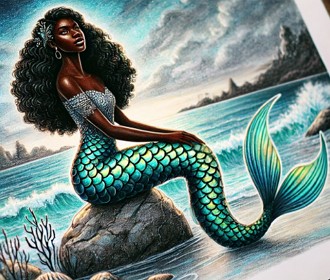 Pintura mostrando Kianda, uma sereia negra da cultura angolana