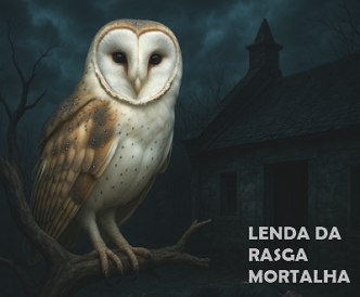 Coruja rasga mortalha num galho seco de &aacute;rvore e, ao fundo, uma casa
