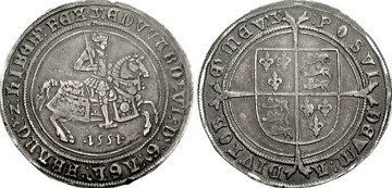 Moeda de 1551 (frente e verso), libra na &eacute;poca da Dinastia Tudor