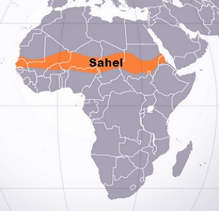 Mapa da &Aacute;frica mostrando a localiza&ccedil;&atilde;o geogr&aacute;fica do Sahel