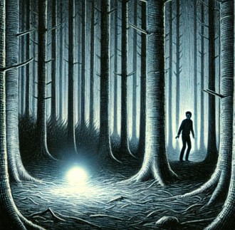 Ilustra&ccedil;&atilde;o mostrando uma luz numa floresta escura e um homem olhando assustado pra ela.