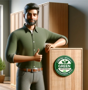 Ilustração de um homem ao lado de um armário de madeira certificada