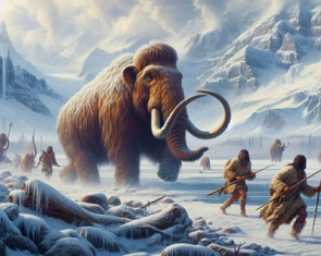 Ilustração mostrando homens pré-históricos caçando um mamute