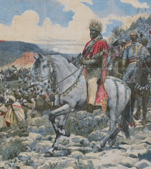 Pintura do imperador etíope Manelik II em seu cavalo