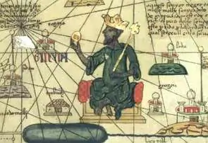 Pintura mostrando um homem com uma coroa dourada na cabeça, sendado num trono, segurando um cajado e um objeto de ouro.
