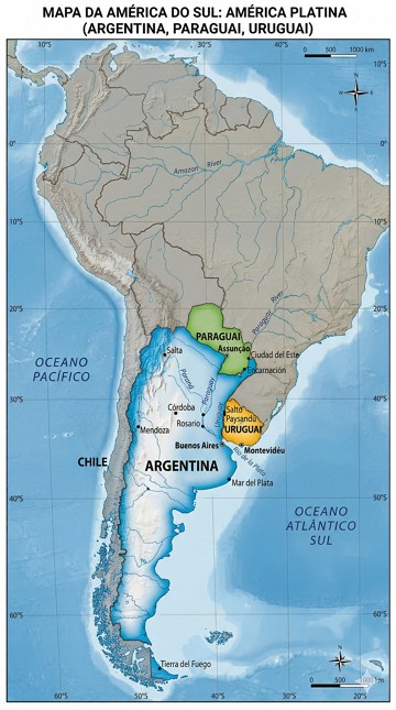 Mapa da Am&eacute;rica do Sul mostrando os tr&ecirc;s pa&iacute;ses da Am&eacute;rica Platina