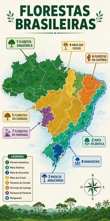 Ilustra&ccedil;&atilde;o de um mapa mostrando as florestas brasileiras