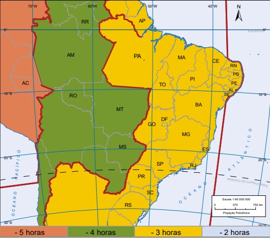 Mapa dos fusos hor&aacute;rios do Brasil