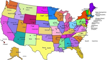 Mapa politico dos EUA com nome dos Estados e capitais