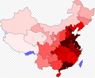 Mapa que mostra a densidade demogr&aacute;fica da China