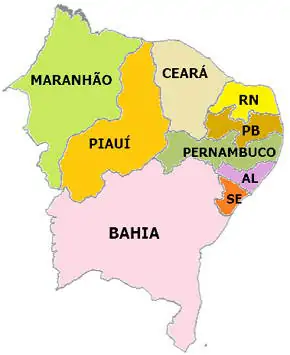 Mapa da região Nordeste do Brasil com os estados em destaque