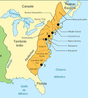 Mapa mostrando as treze colônias inglesas