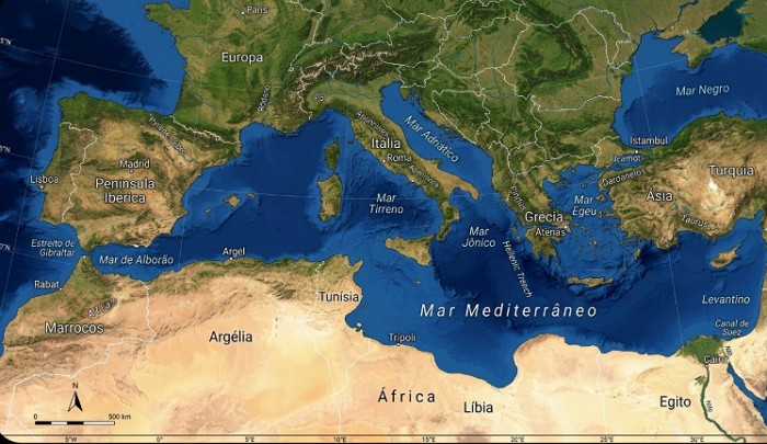 Mapa mostrando a localiza&ccedil;&atilde;o do Mar Mediterr&acirc;neo