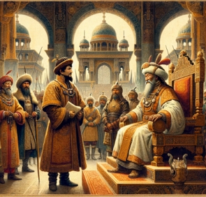 Ilustração mostrando Marco Polo na corte de Kublai Khan