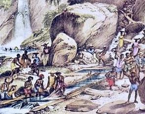 Pintura de Rugendas mostrando escravos trabalhando numa mina de ouro