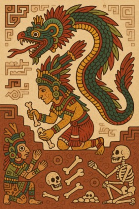 Imagem mostrando o mito da serpente emplumada descendo no submundo