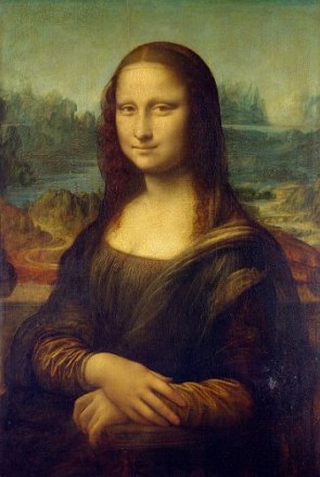 Pintura mostrando uma mulher branca jovem com de cabelos castanhos escuros dando um leve sorriso