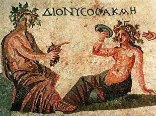Mosaico mostrando Dionísio e Acmé