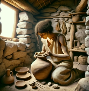 Ilustração de uma mulher fazendo um vaso de cerâmica na pré-história