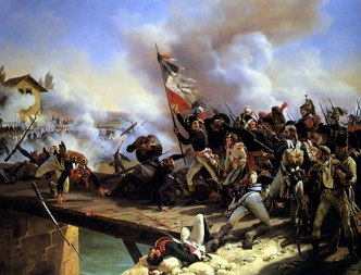Pintura mostrando Napole&atilde;o Bonaparte com a bandeira da Fran&ccedil;a, liderando os franceses