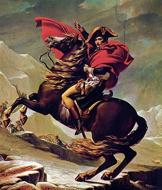 Pintura mostrando Napole&atilde;o com seu cavale cruzando os alpes