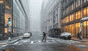 Foto de uma rua de cidade com precipitação de neve