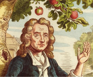 Ilustra&ccedil;&atilde;o mostrando Isaac Newton sentado embaixo de uma macieira enquanto uma ma&ccedil;a cai em sua cabe&ccedil;a.