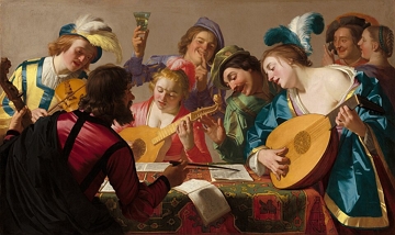 Pintura renascentista mostrando m&uacute;sicos com seus instrumentos