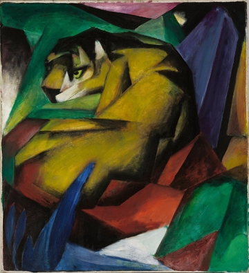 Pintura colorida de um tigre amarelo num fundo azul, verde e vermelho