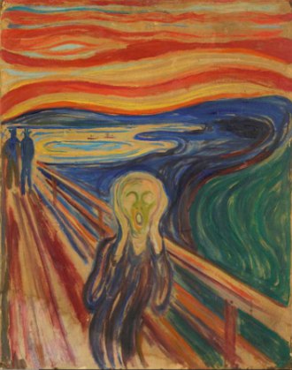Pintura expressionista mostrando uma pessoa com as m&atilde;os na cabe&ccedil;a e gritando