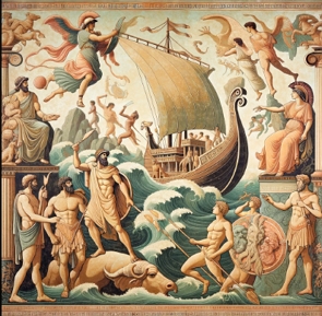 Pintura representando o poema de Homero com os personagens e um barco