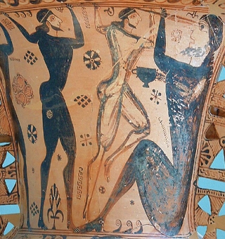 Pintura de um vaso grego mostrando o heroi Odisseu ferindo no olho o ciclope Polifemo