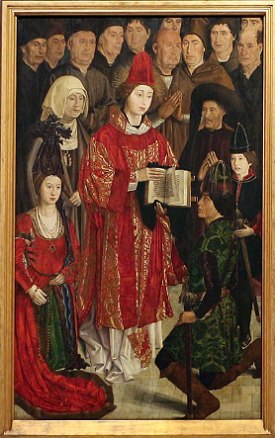 Pintura mostrando um religioso segurando a B&iacute;blia e outros religiosos