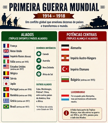 Infogr&aacute;fico com os principais pa&iacute;ses que participaram da Primeira Guerra Mundial