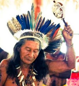 Foto de um pajé indígena num ritual